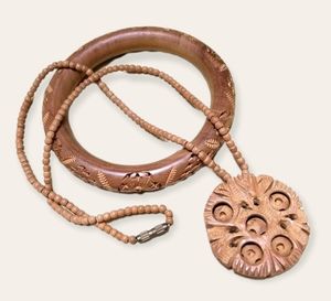 Vintage Carved Wood Bead Necklace and Bracelet Set